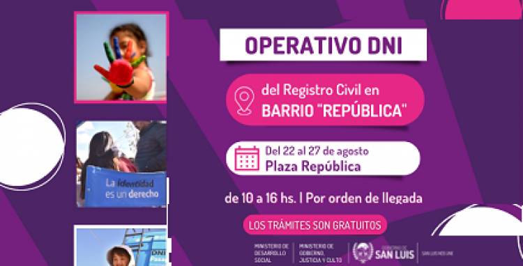 EL REGISTRO CIVIL HARÁ TRÁMITES DE DNI GRATUITOS EN EL BARRIO REPÚBLICA